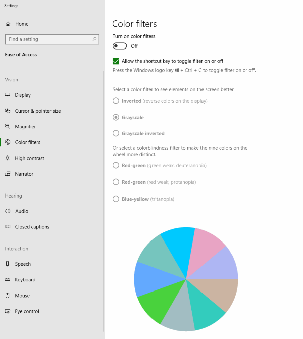 Color Filter menu in Windows Settings 
